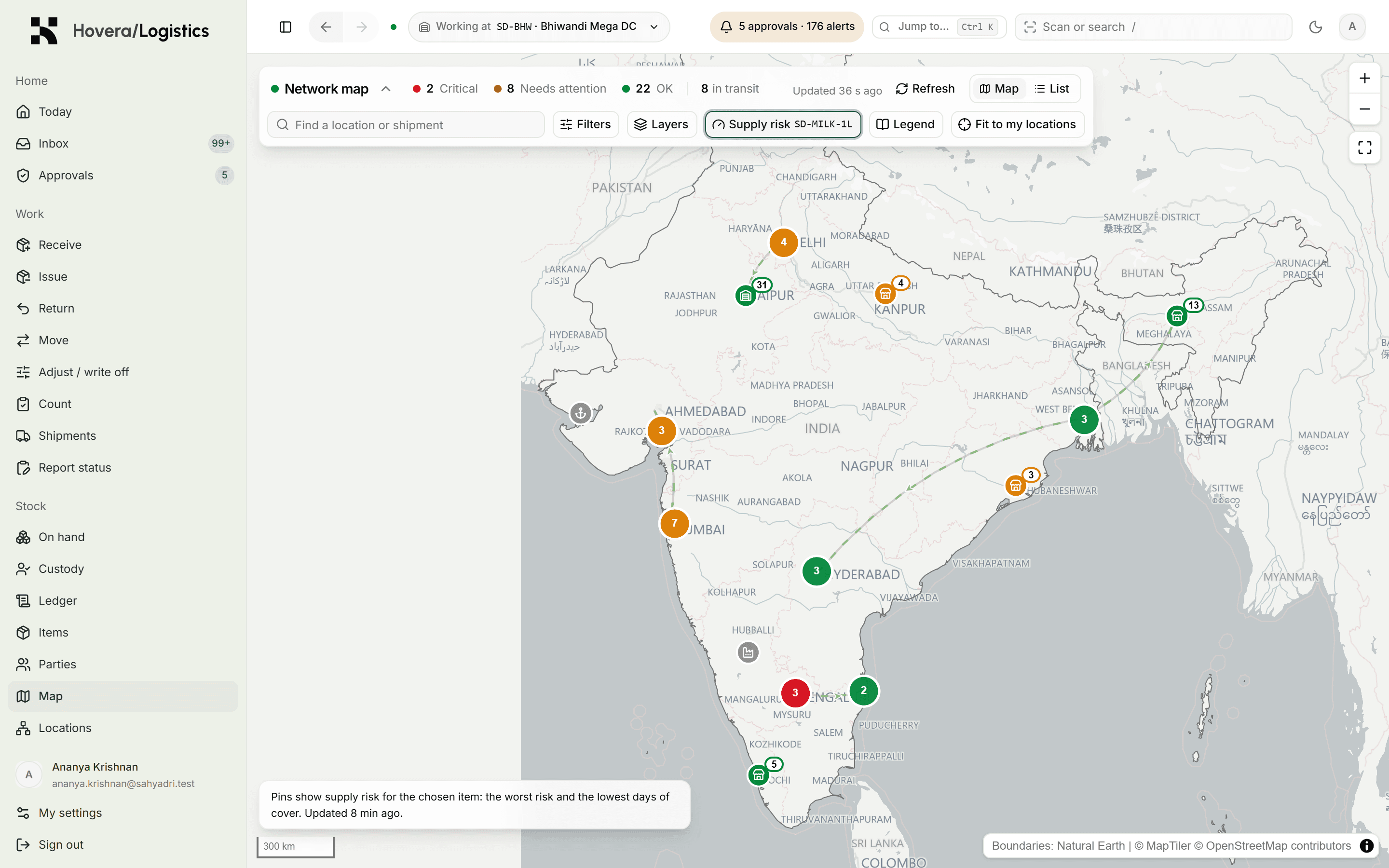 Map coloured by supply risk for one item across every location