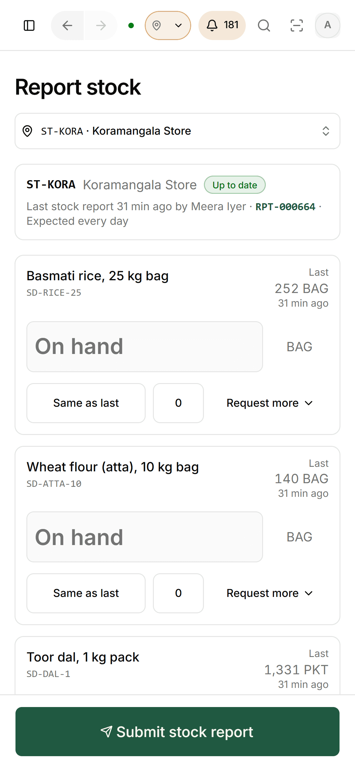 Stock report form on a phone with on-hand quantities and a submit button
