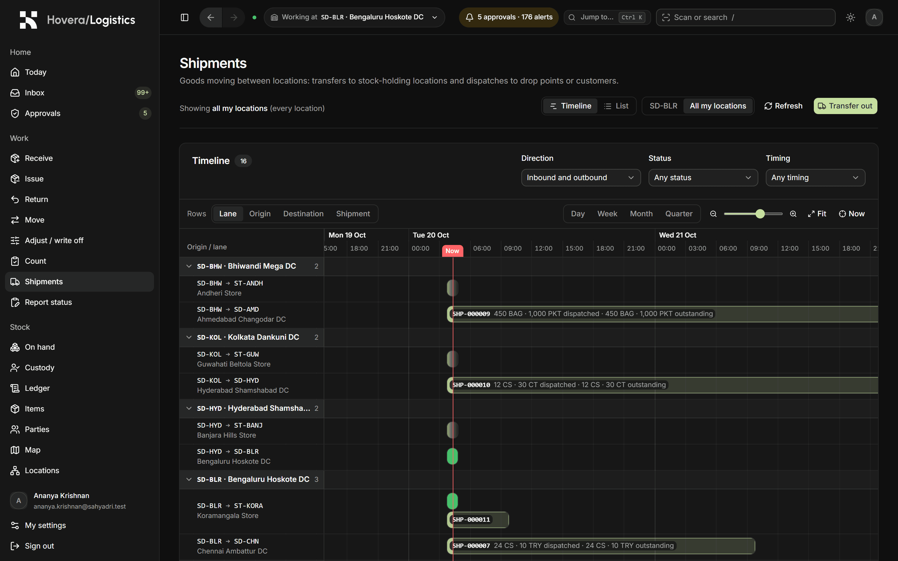 Hovera Move shipment timeline showing movements between locations.